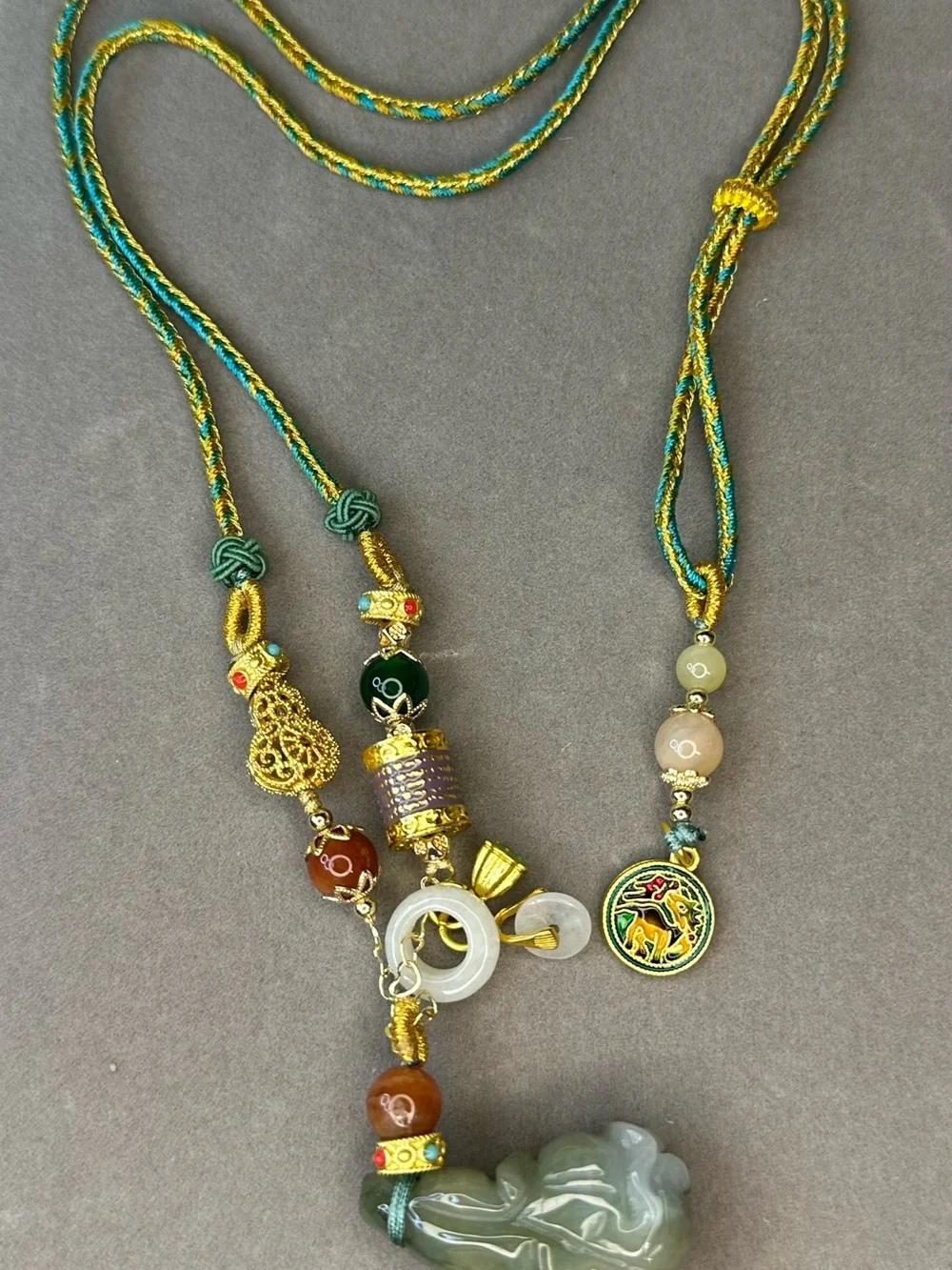 Handcrafted Green Jade Pendant Necklace with Multicolor Beads